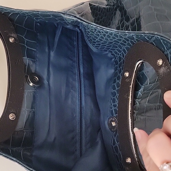 VTG 1990s Faux Alligator Teal Vertical Nappy Tote Festival Shopper Bag - Picture 6 of 7